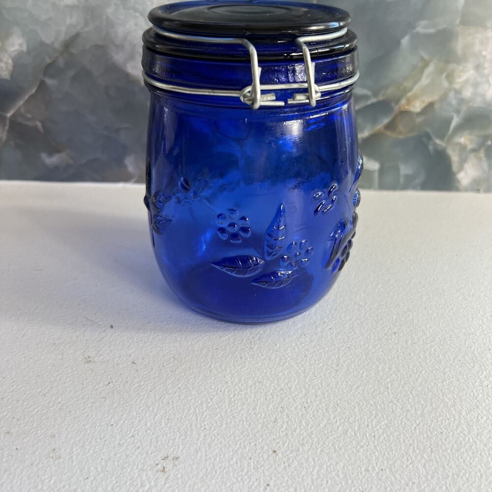 Vintage Cobalt Blue Glass Canister Jar & Lid Embossed Fruit Design & Wire Latch